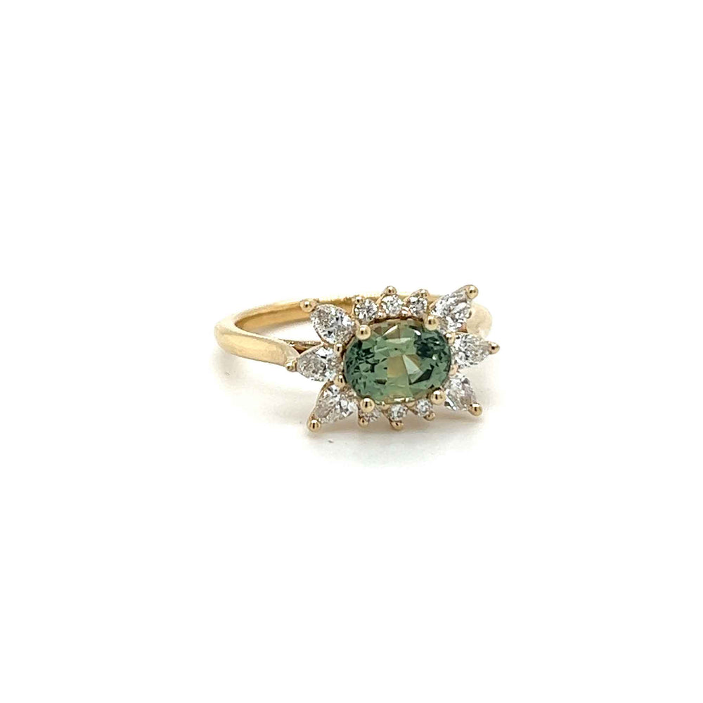 Unique green montana sapphire and diamond gold engagement ring custom jewelry