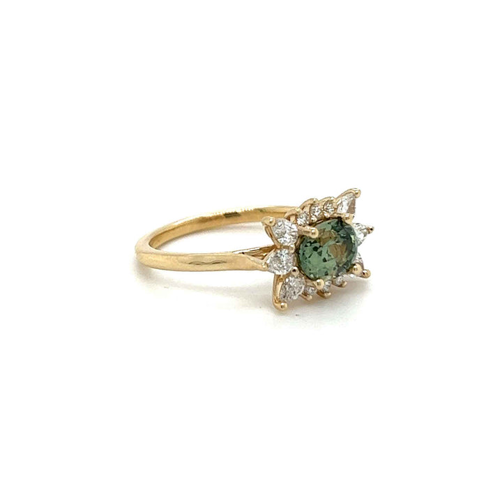 Unique green montana sapphire and diamond gold engagement ring custom jewelry