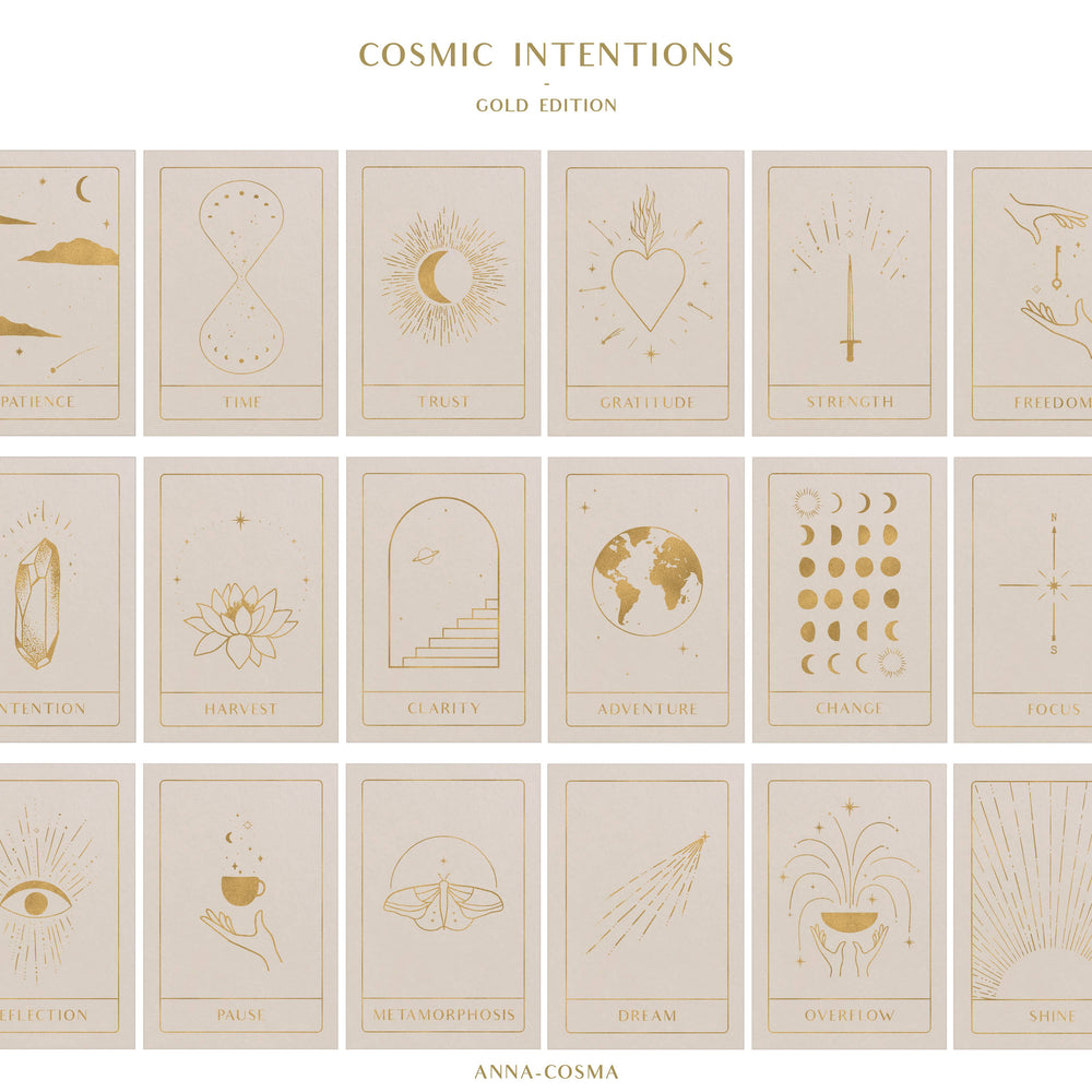 Collection of 'Cosmic Intentions' cards with gold designs on a beige background, featuring the brand 'Anna-Cosma'.