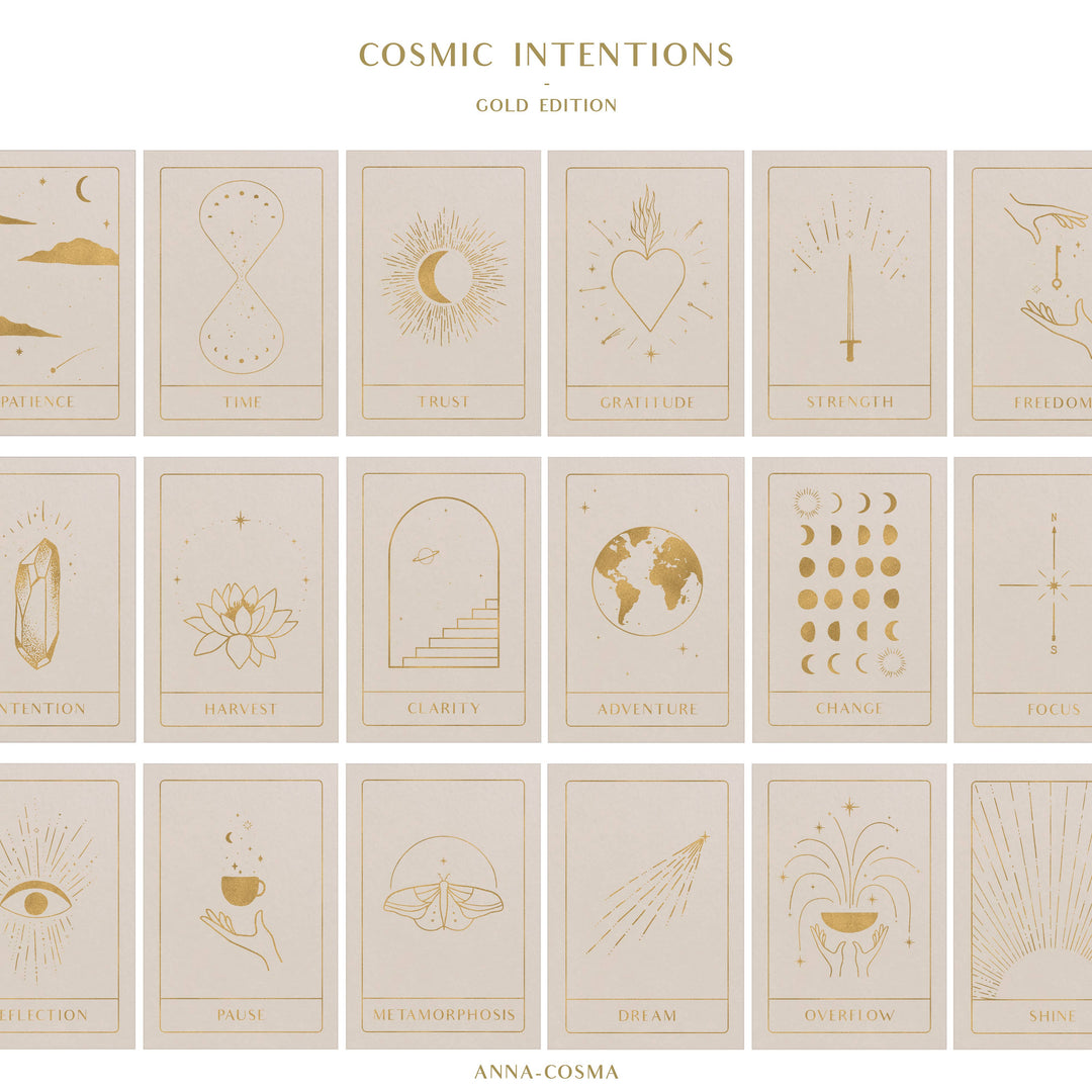 Collection of 'Cosmic Intentions' cards with gold designs on a beige background, featuring the brand 'Anna-Cosma'.