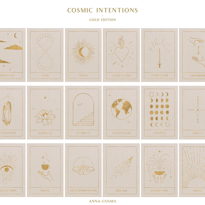 Collection of 'Cosmic Intentions' cards with gold designs on a beige background, featuring the brand 'Anna-Cosma'.
