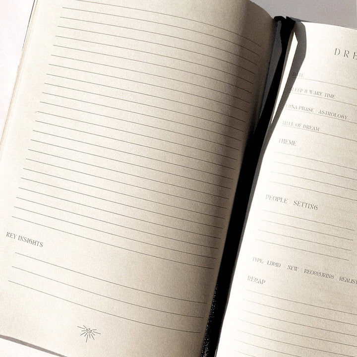 Open notebook with lined pages on a white background