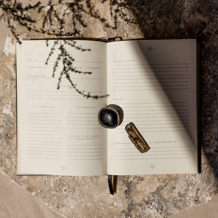 Open notebook with a small camera and wooden object on a textured surface