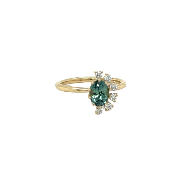 Unique teal montana sapphire and diamond gold engagement ring custom jewelry