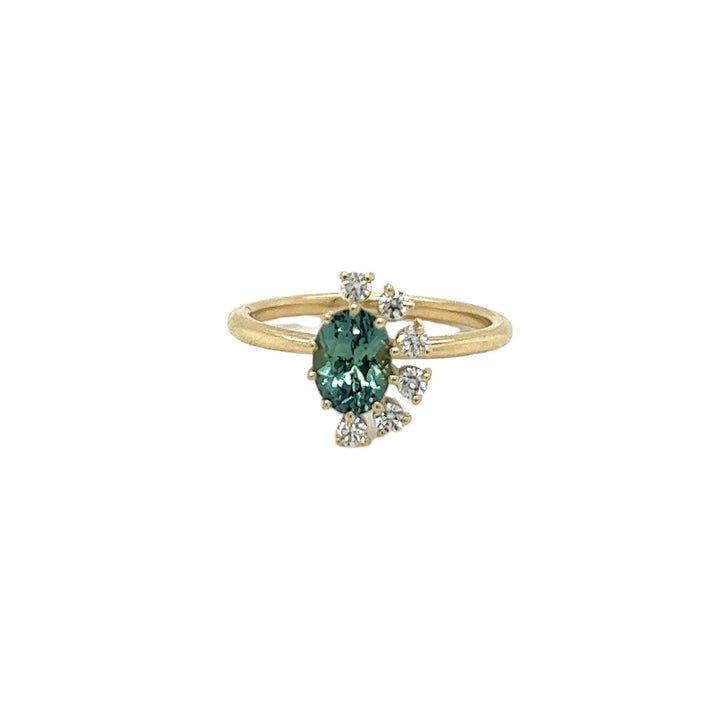 Unique teal montana sapphire and diamond gold engagement ring custom jewelry