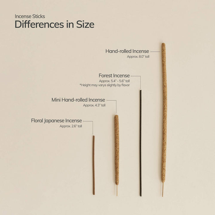 Incense sticks with labeled differences in size on a beige background