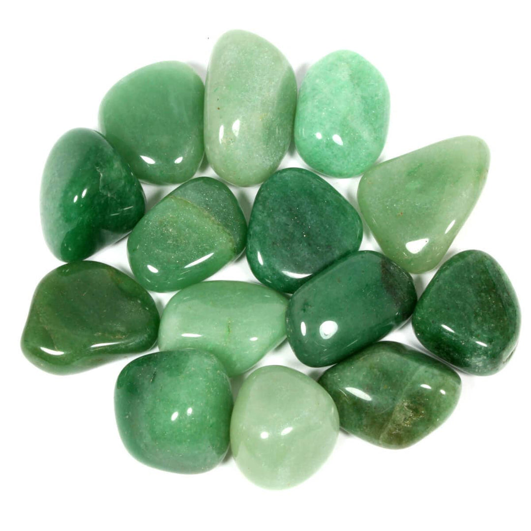 A collection of polished green aventurine tumblestones.