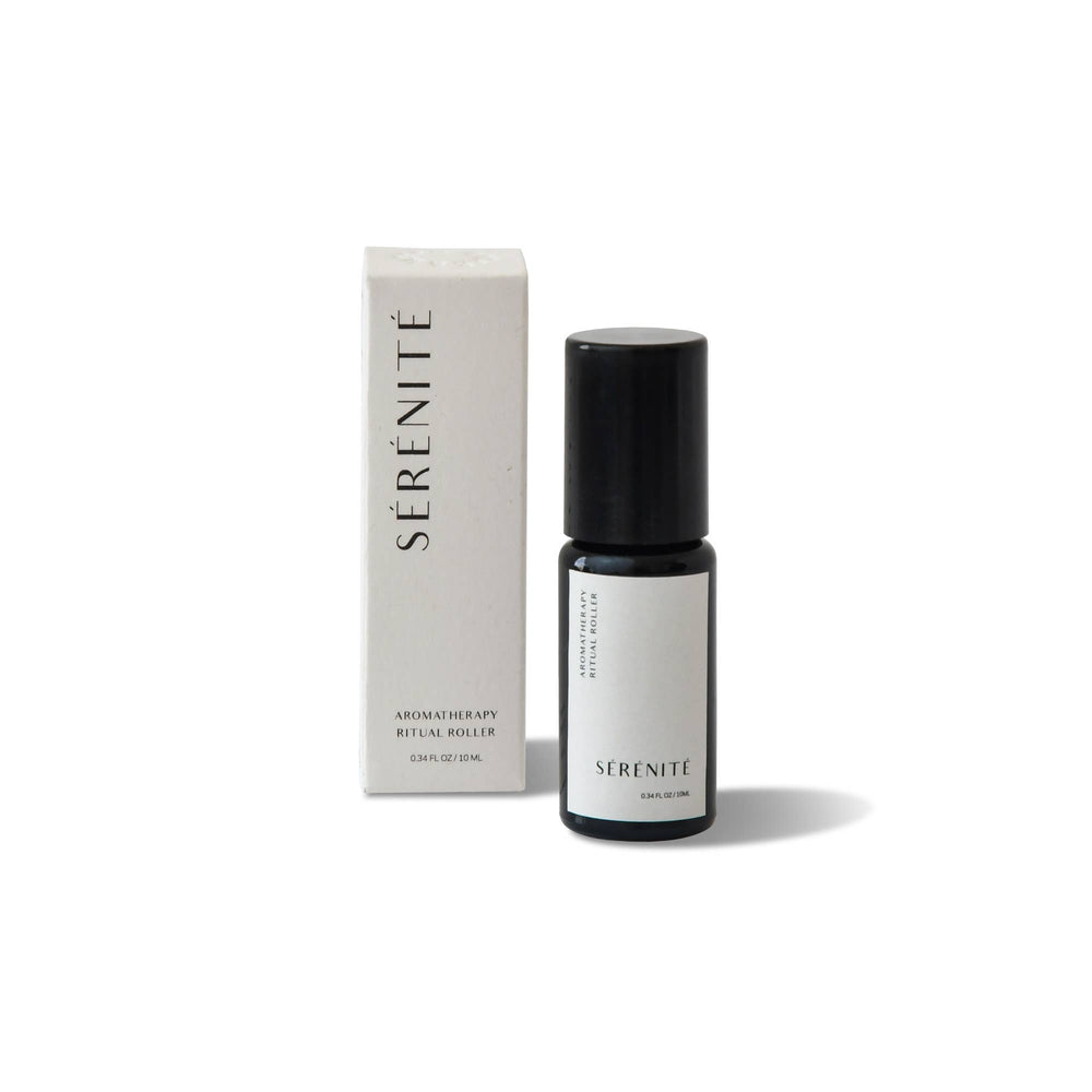 Serenity aromatherapy roller bottle and packaging on a white background