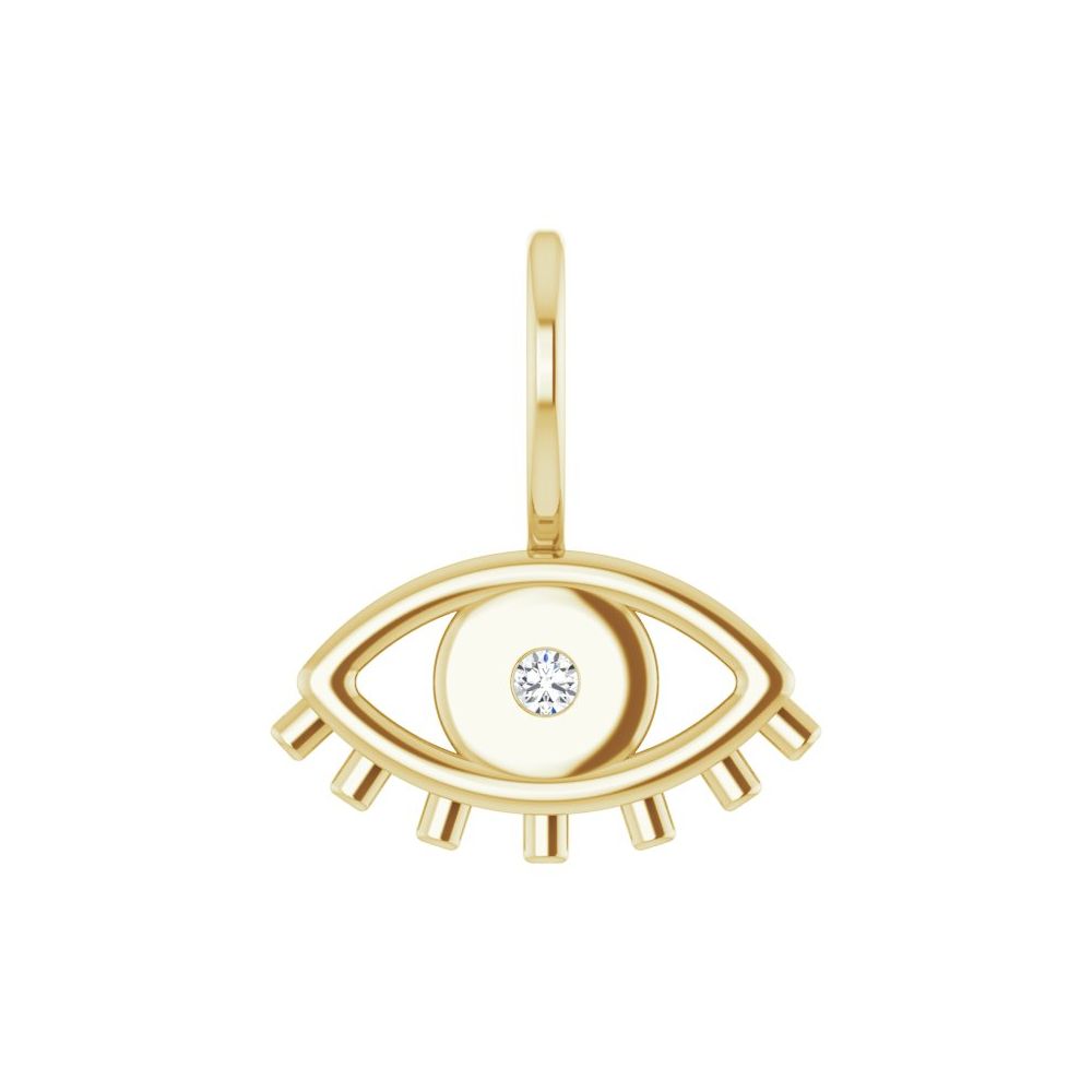 Gold eye-shaped pendant with a clear gemstone on a white background