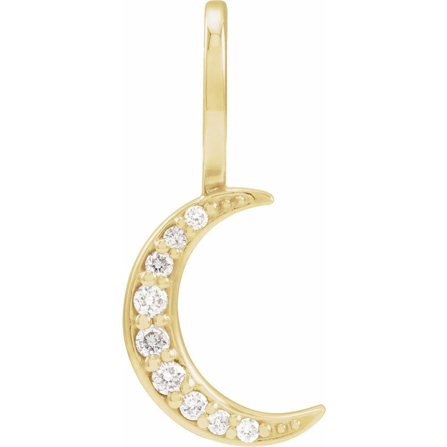 Gold crescent moon pendant with embedded diamonds on a white background