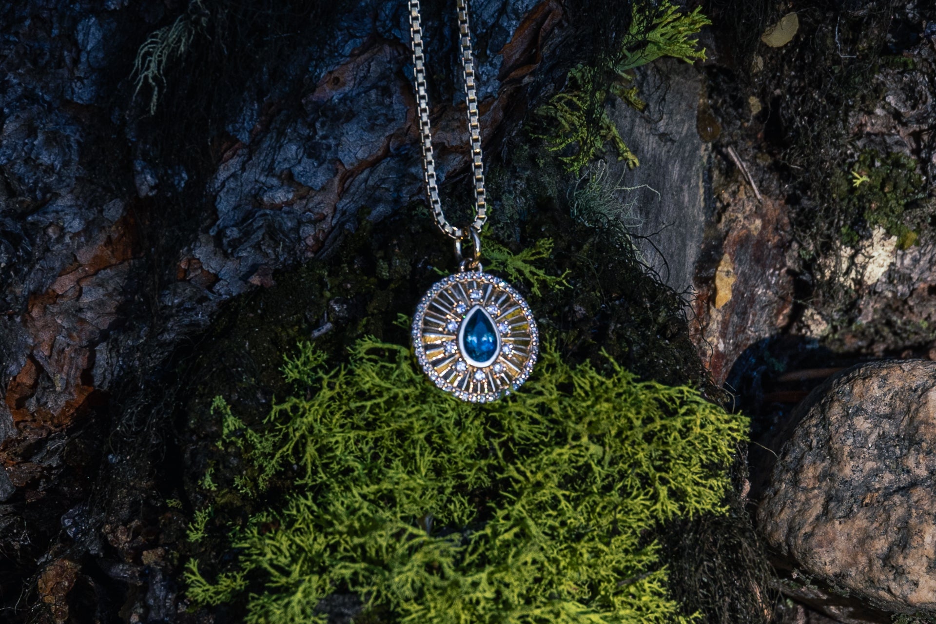 Unique talisman symbol gold pendant necklace diamond montana sapphire custom jewelry