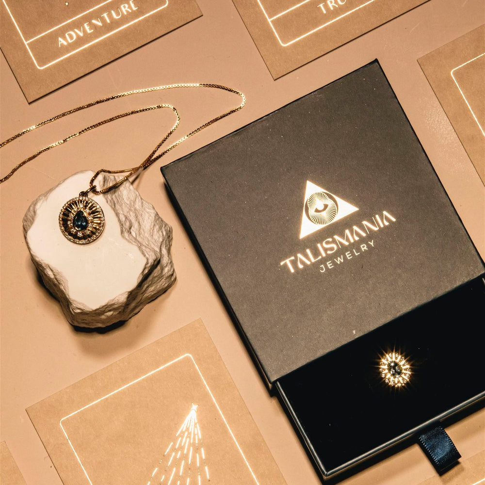 Talismana jewelry box on a decorative surface with tarot card designs