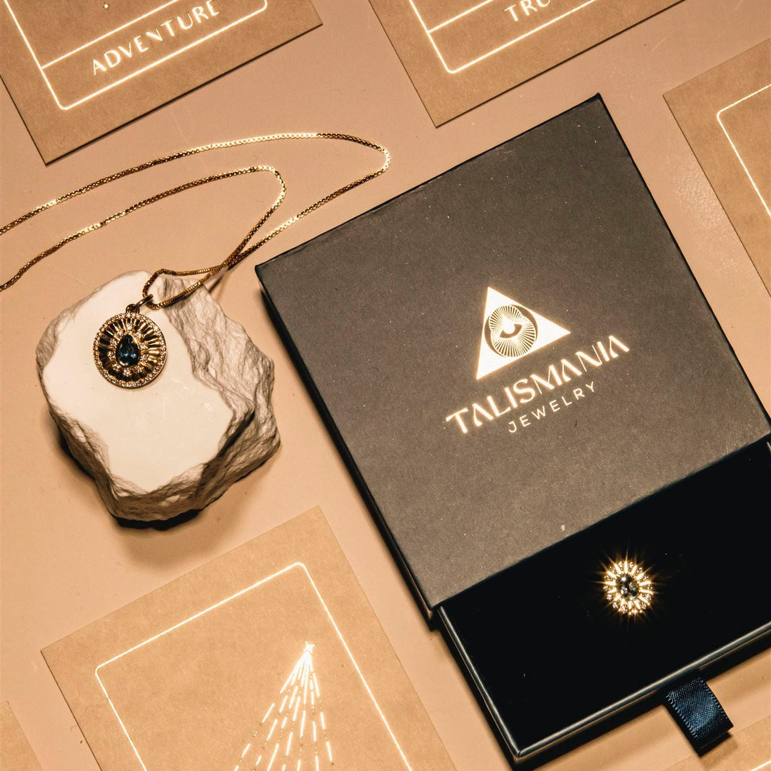 Talismana jewelry box on a decorative surface with tarot card designs