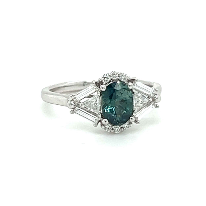 Rare Teal Blue Montana Sapphire premium diamonds 18 karat gold custom engagement ring