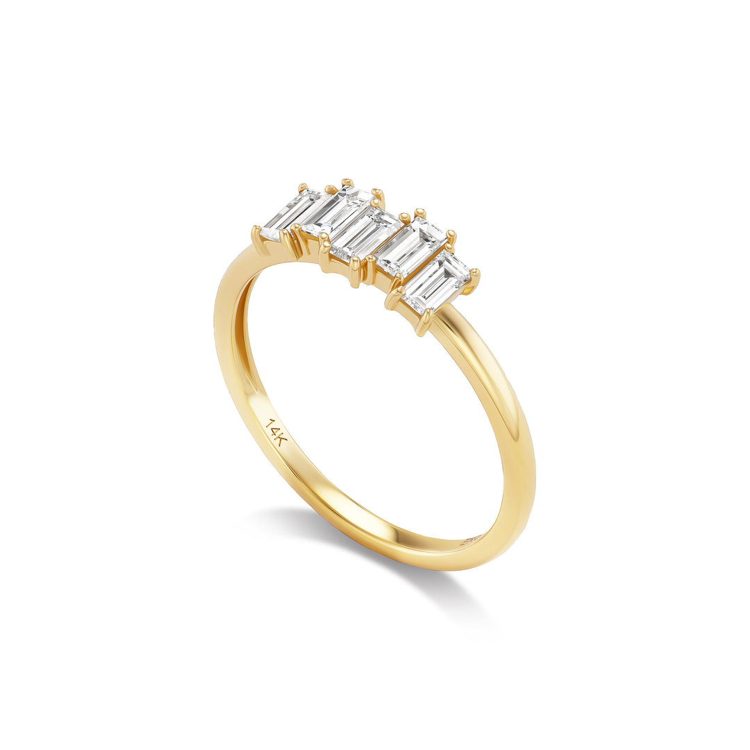 Alouette ring, solid 14K yellow gold, five baguette natural diamonds, angled, ring — Talismania