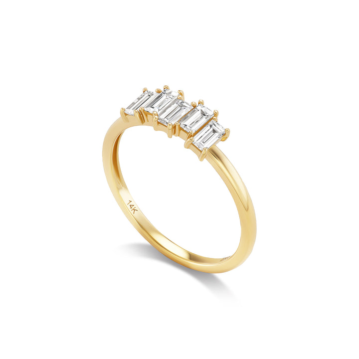 Alouette ring, solid 14K yellow gold, five baguette natural diamonds, angled, ring — Talismania