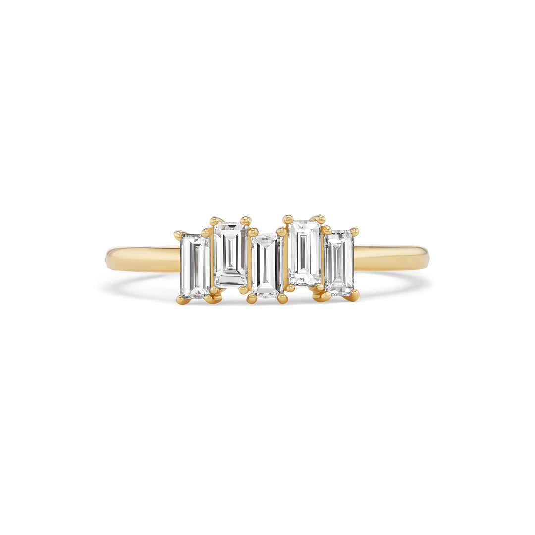 Alouette ring, solid 14K yellow gold, five baguette natural diamonds, front, ring — Talismania