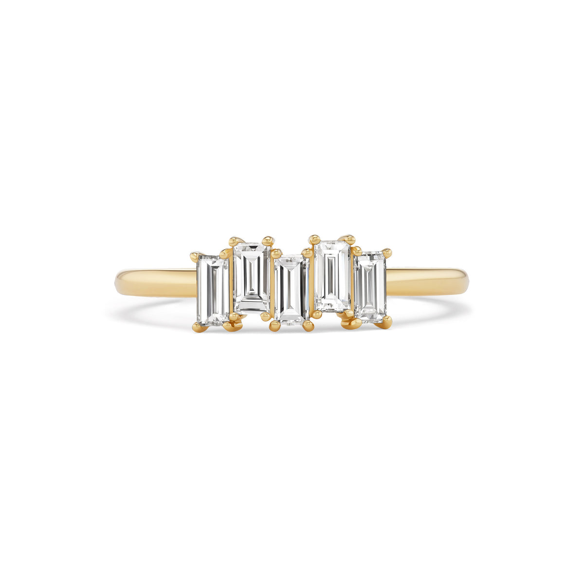 Alouette ring, solid 14K yellow gold, five baguette natural diamonds, front, ring — Talismania
