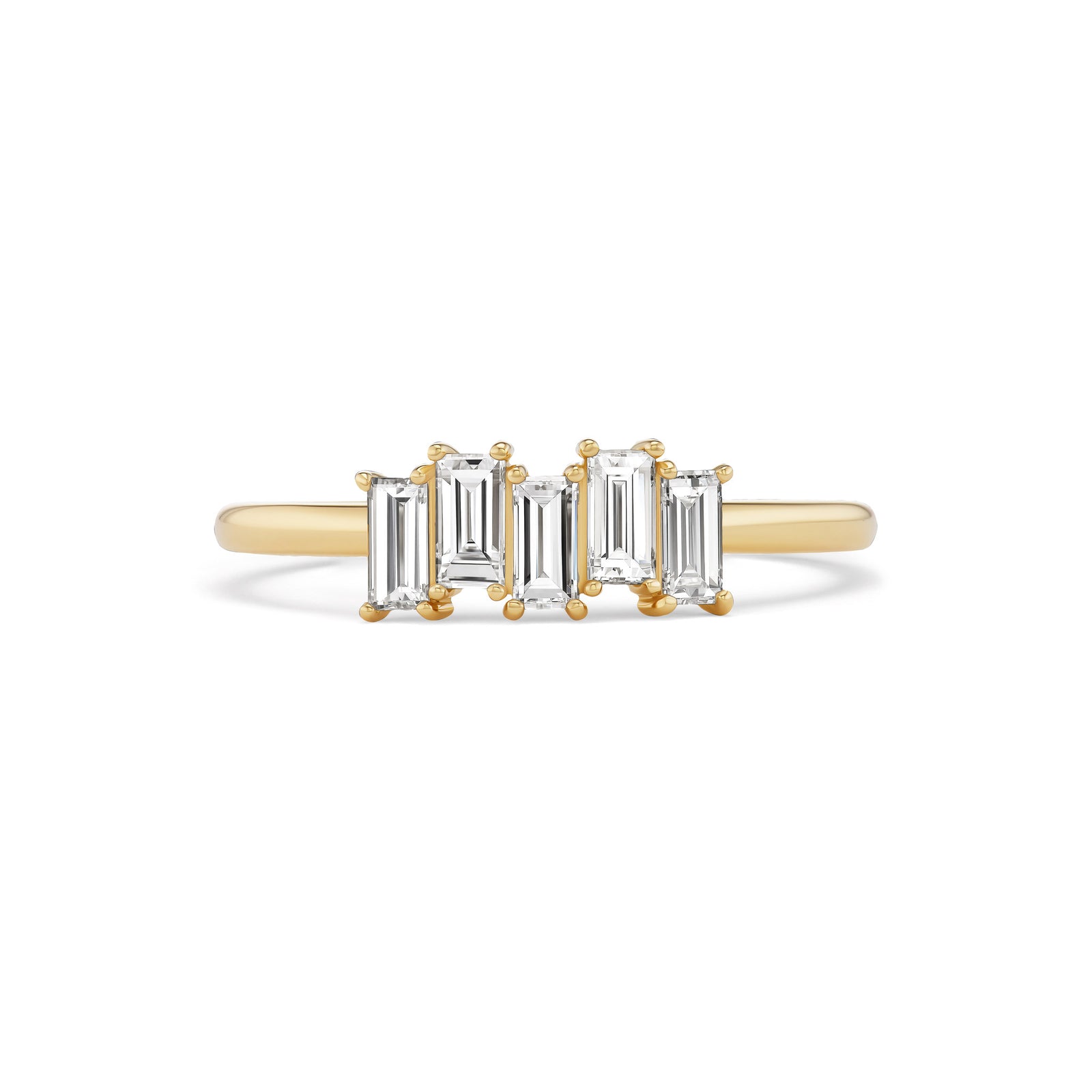 Alouette ring, solid 14K yellow gold, five baguette natural diamonds, front, ring — Talismania