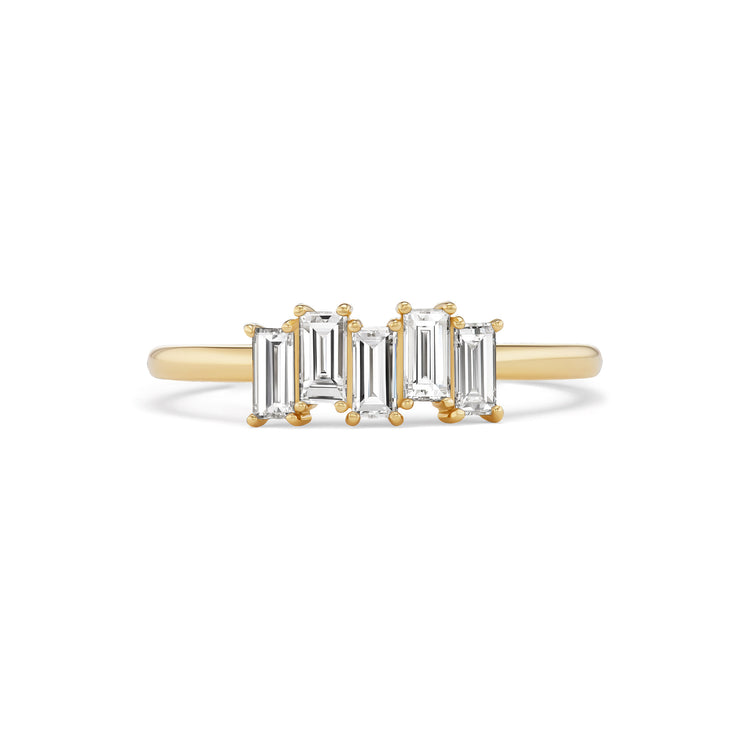Alouette ring, solid 14K yellow gold, five baguette natural diamonds, front, ring — Talismania
