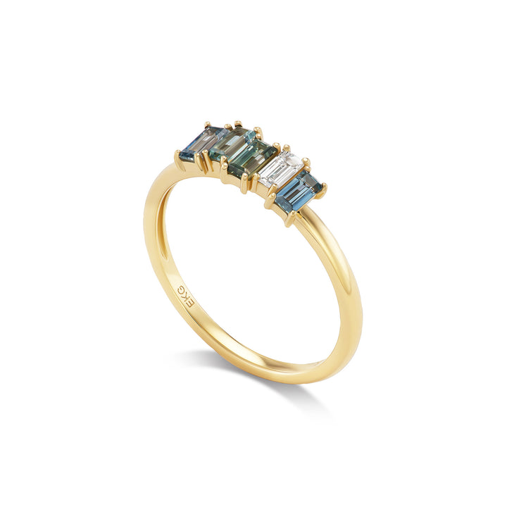 Alouette ring, solid 14K yellow gold, baguette Montana sapphires with a baguette natural diamond, angled, ring — Talismania