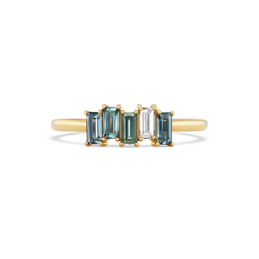 Alouette ring, solid 14K yellow gold, baguette Montana sapphires with a baguette natural diamond, front, ring — Talismania