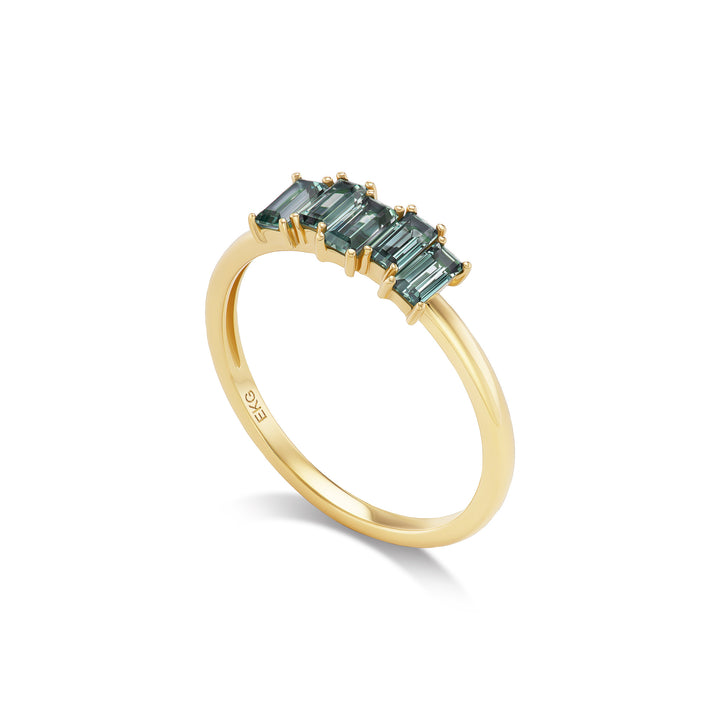 Alouette ring, solid 14K yellow gold, five baguette Montana sapphires, angled, ring — Talismania