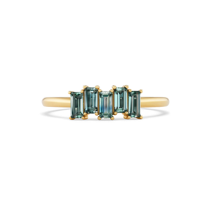 Alouette ring, solid 14K yellow gold, five baguette Montana sapphires, front, ring — Talismania