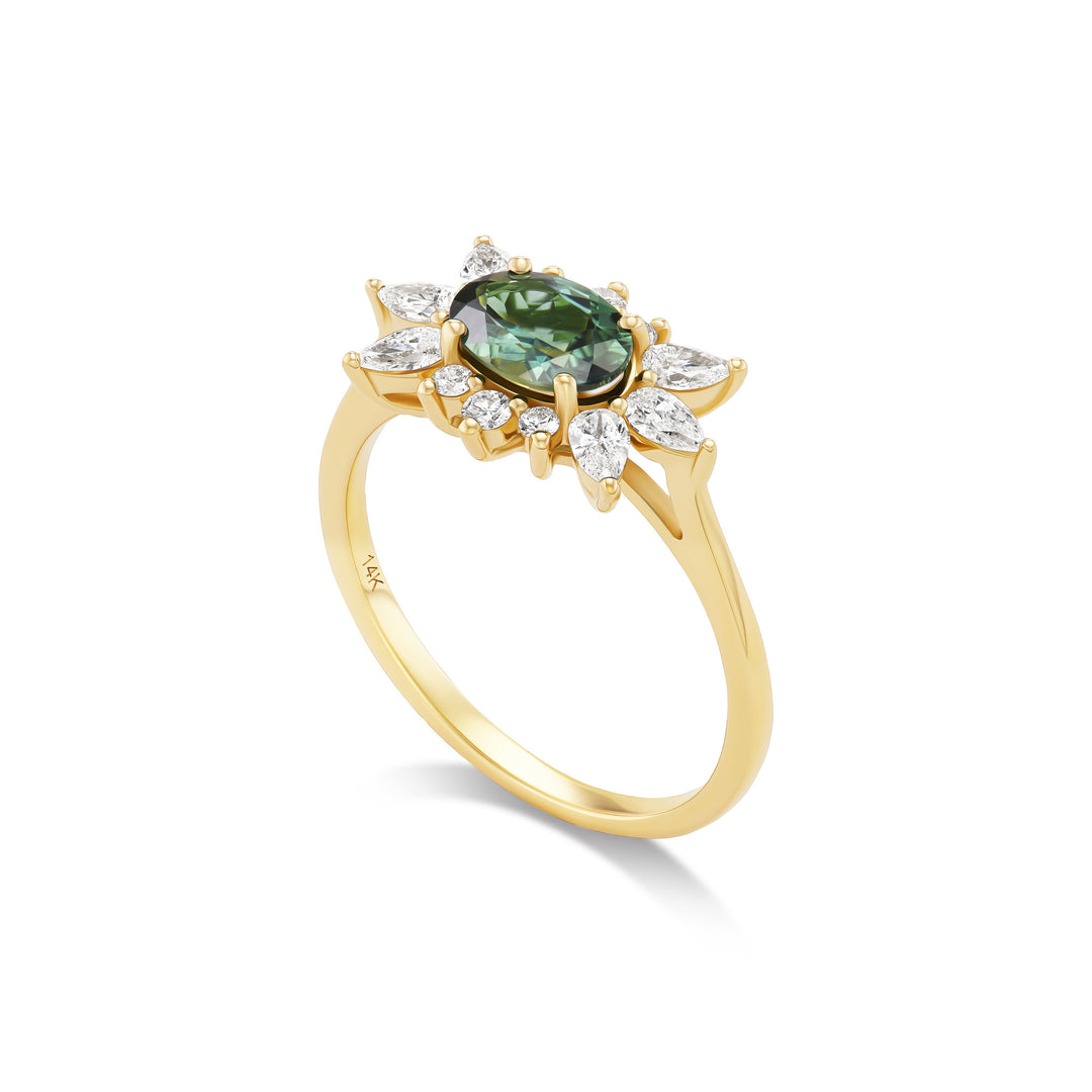 Aurelia ring, solid 14K yellow gold, oval-cut sage green Montana sapphire with pear and round diamonds, angled, ring — Talismania