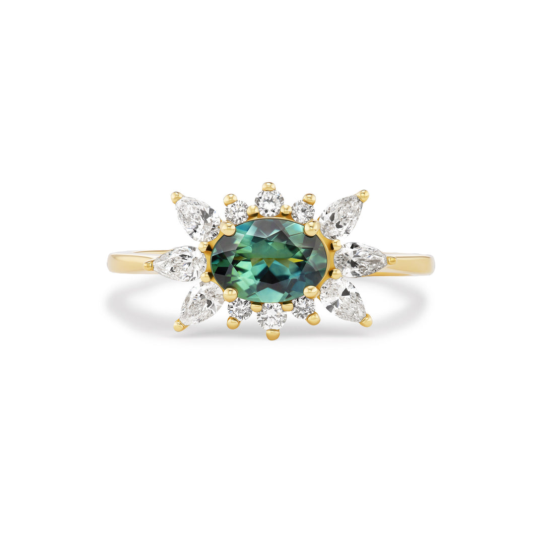 Aurelia ring, solid 14K yellow gold, oval-cut sage green Montana sapphire with pear and round diamonds, front, ring — Talismania