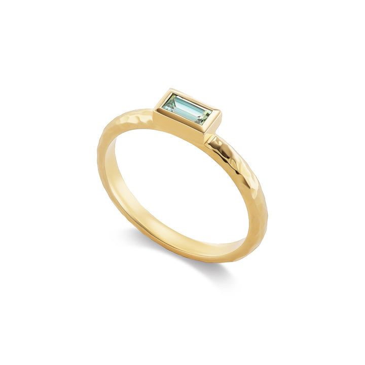 Big Sky baguette stacker ring, solid 14K yellow gold, baguette-cut Montana sapphire, angled, ring — Talismania