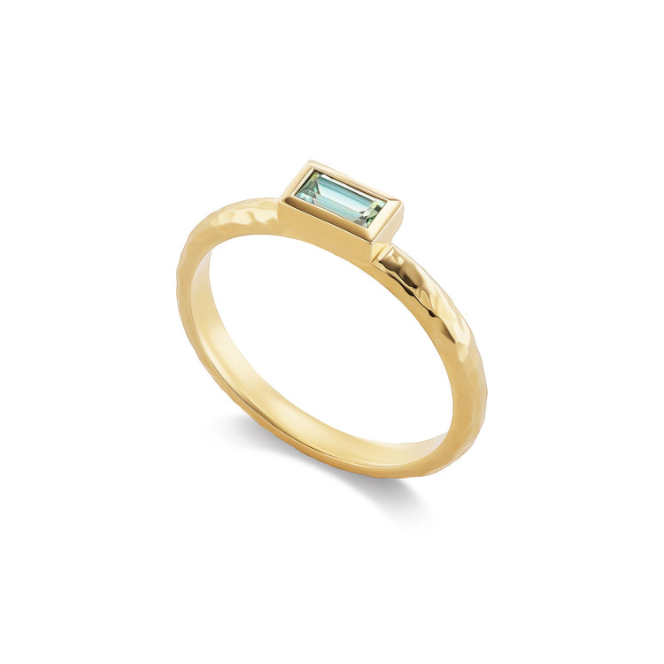 Big Sky baguette stacker ring, solid 14K yellow gold, baguette-cut Montana sapphire, angled, ring — Talismania