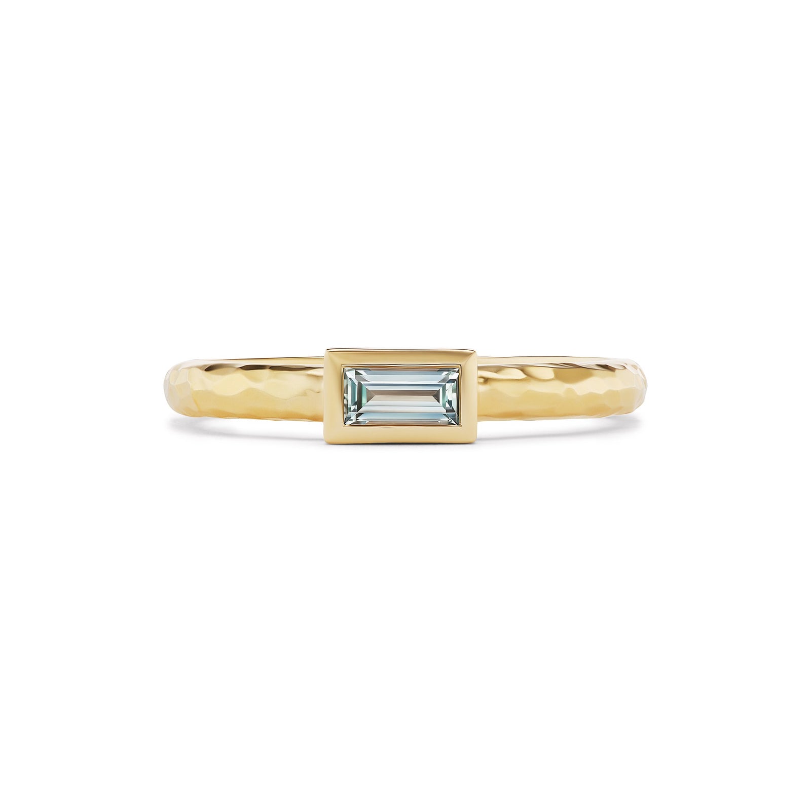 Big Sky baguette stacker ring, solid 14K yellow gold, baguette-cut Montana sapphire, front, ring — Talismania