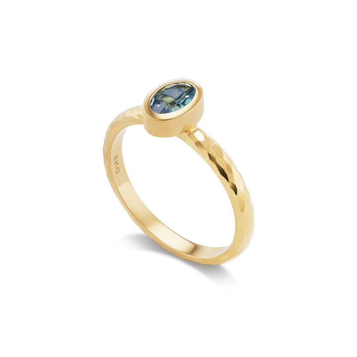 Big Sky oval stacker ring, solid 14K yellow gold, oval Montana sapphire, angled, ring — Talismania
