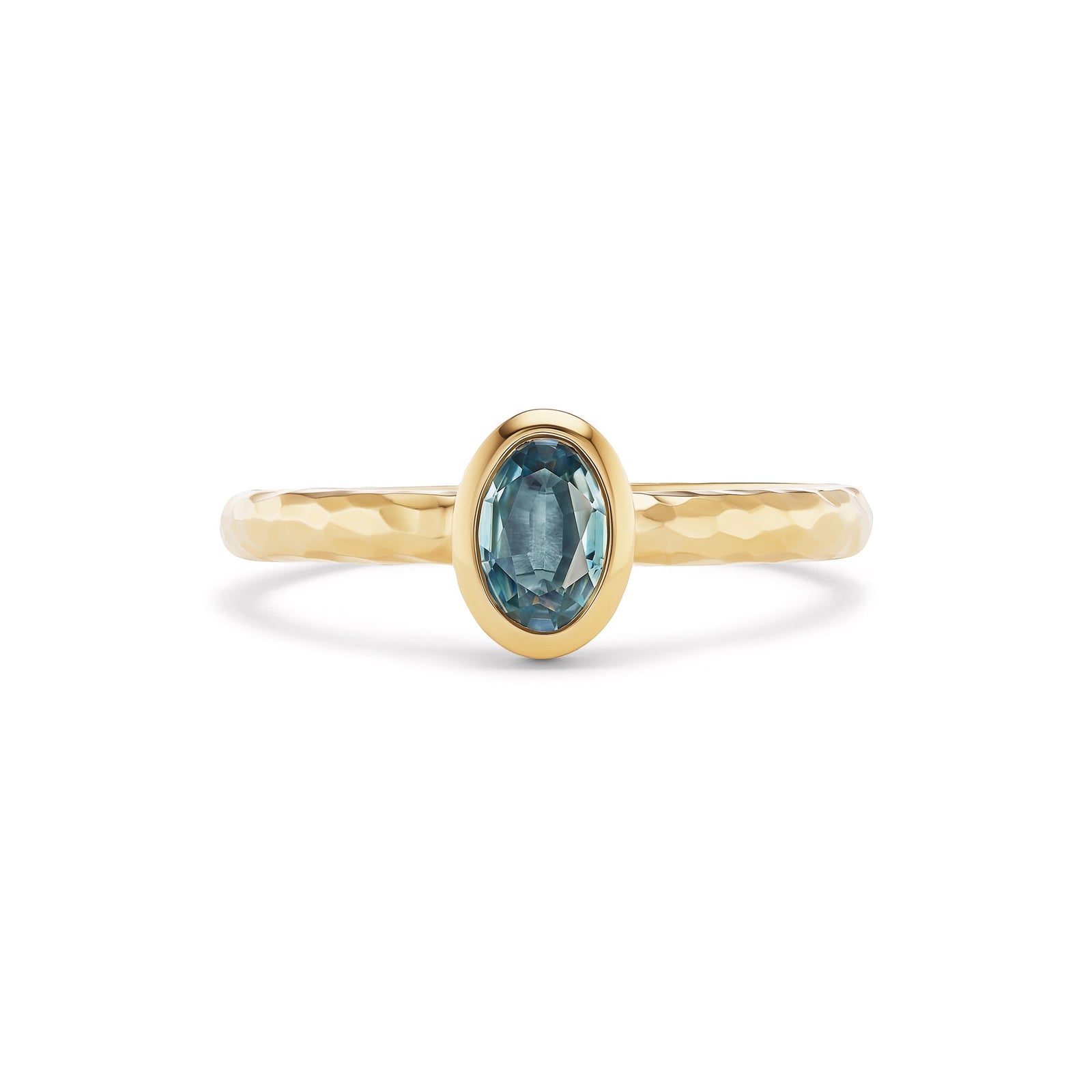 Big Sky oval stacker ring, solid 14K yellow gold, oval Montana sapphire, front, ring — Talismania