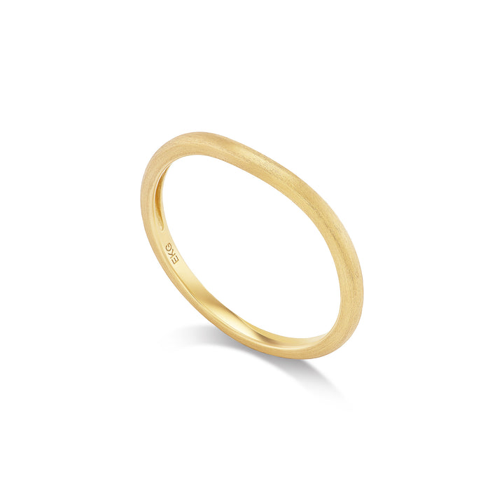 Gold curve band, solid 14K yellow gold, brushed finish with a domed contoured profile, angled, ring — Talismania