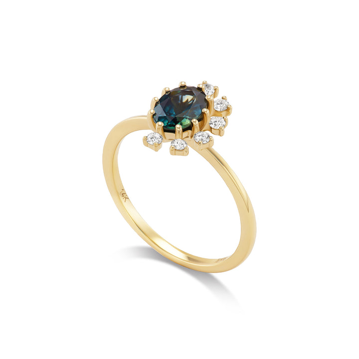 Elara ring, solid 14K yellow gold, oval-cut teal Montana sapphire with six round diamonds, angled, ring — Talismania