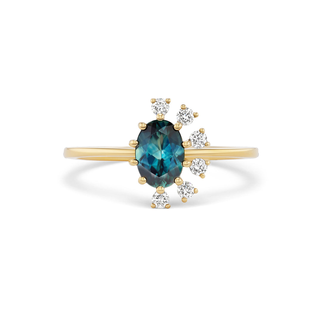 Elara ring, solid 14K yellow gold, oval-cut teal Montana sapphire with six round diamonds, front, ring — Talismania