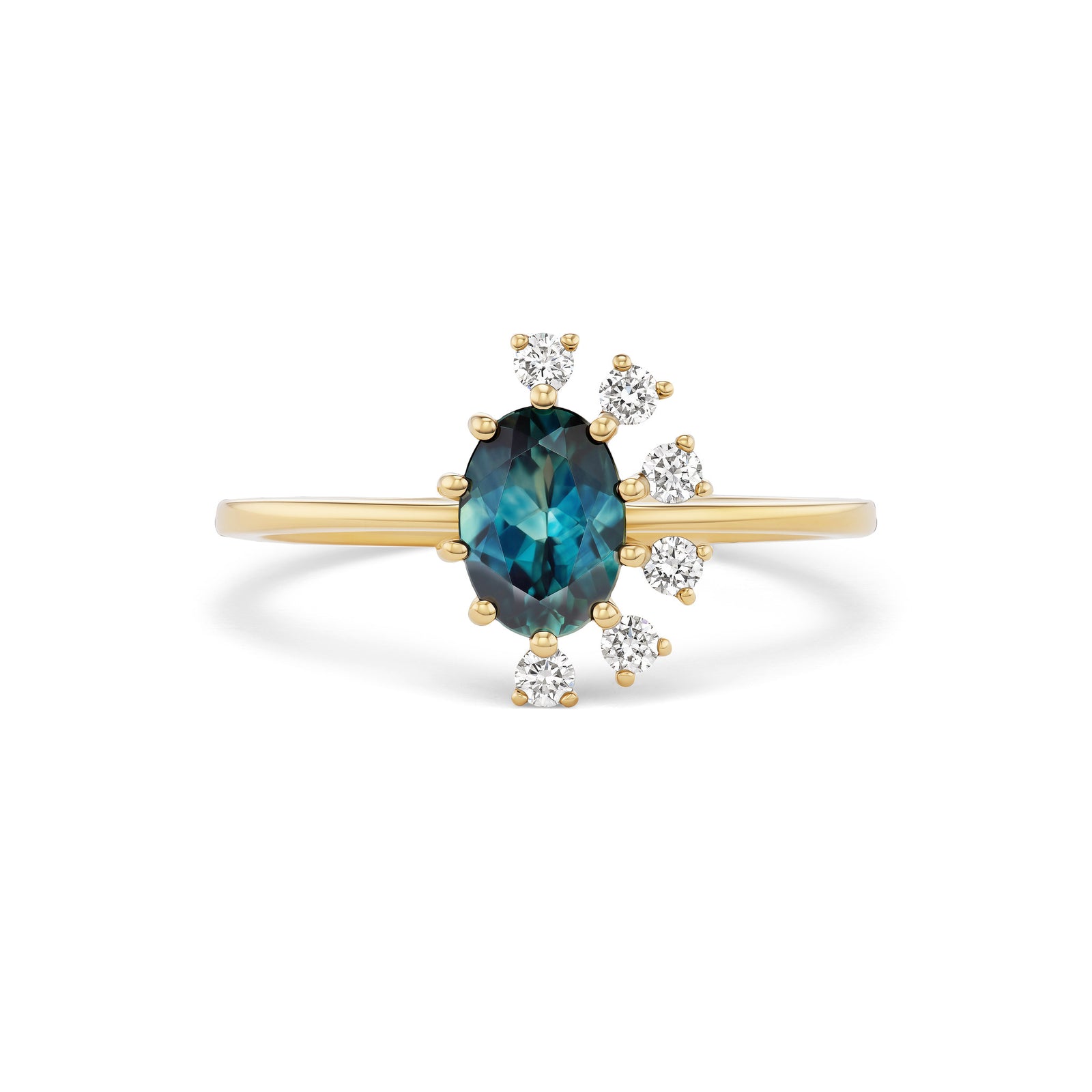 Elara ring, solid 14K yellow gold, oval-cut teal Montana sapphire with six round diamonds, front, ring — Talismania