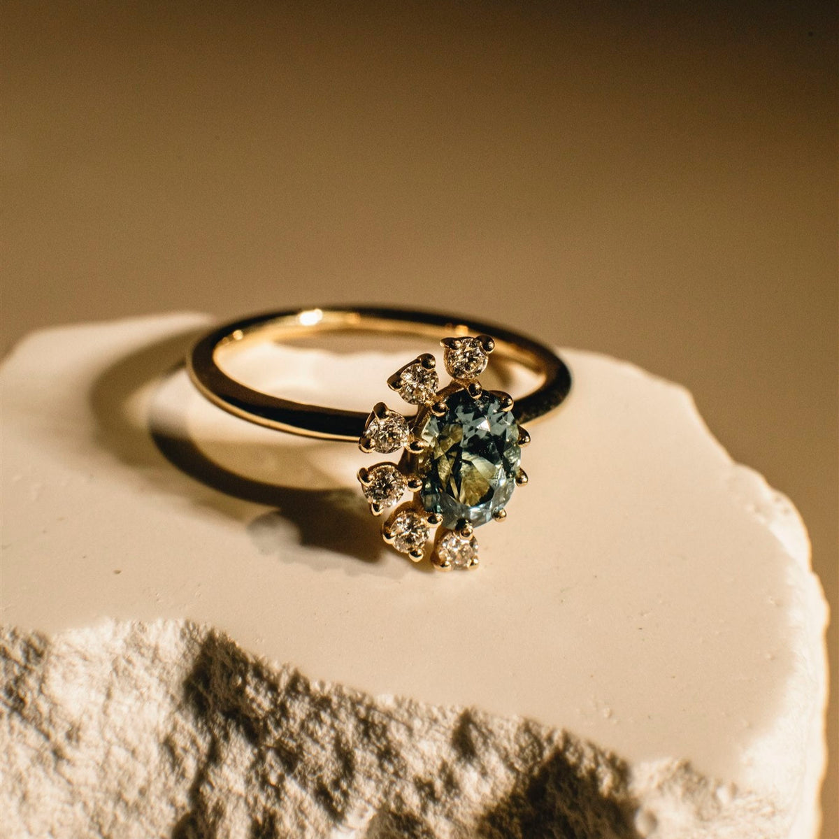 Elara ring, solid 14K yellow gold, green Montana sapphire, angled, ring — Talismania