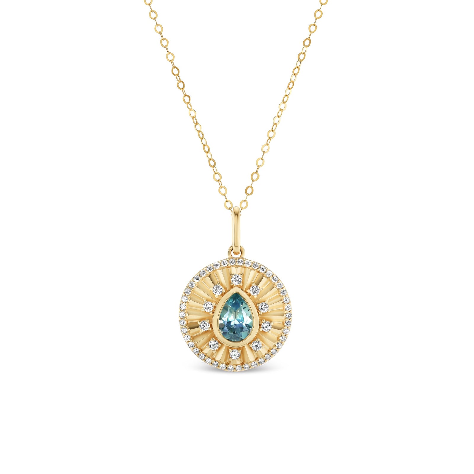Flow pendant, solid 14K yellow gold, Montana sapphire, front, pendant — Talismania