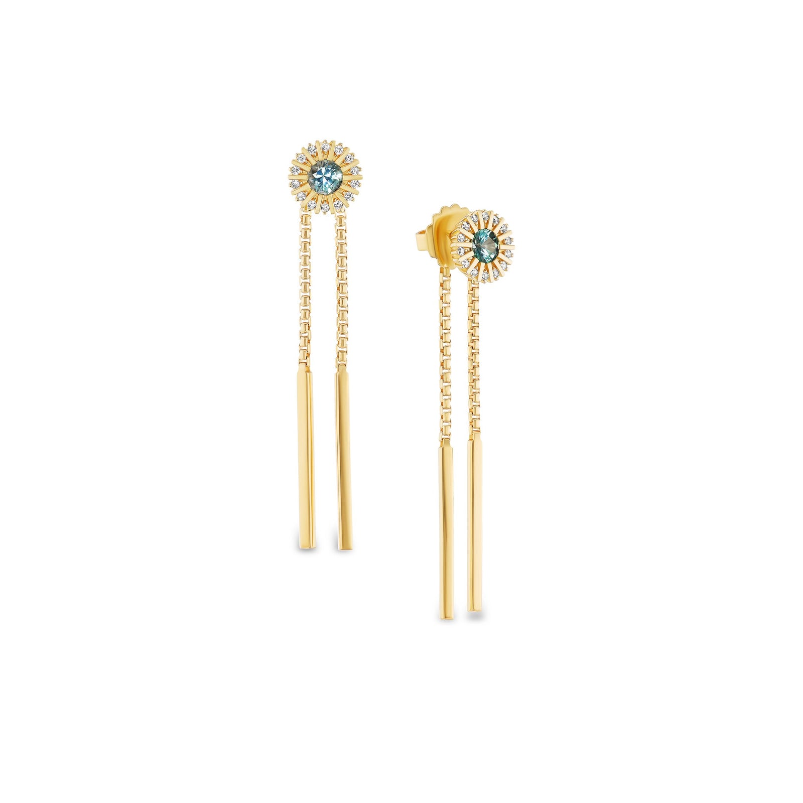Headwaters bolo earrings, solid 14K yellow gold, Montana sapphires, threader earrings — Talismania