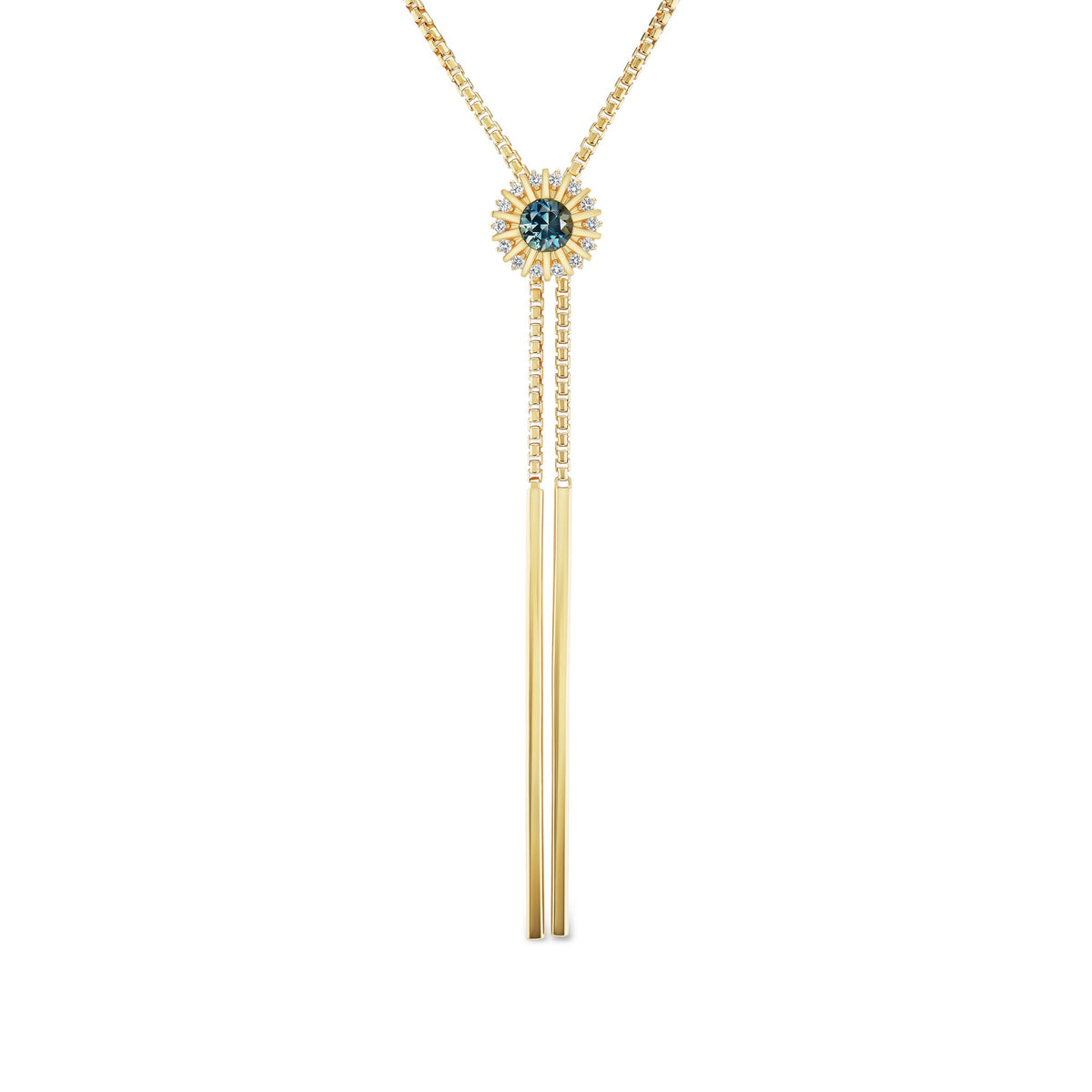 Headwaters bolo necklace, solid 14K yellow gold, Montana sapphires, full length, necklace — Talismania