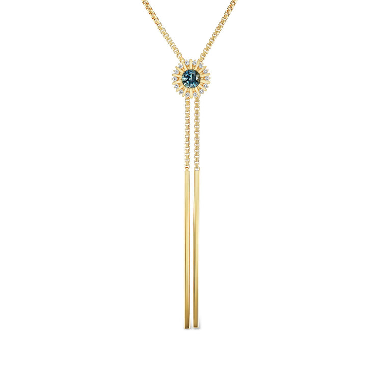 Headwaters bolo necklace, solid 14K yellow gold, Montana sapphires, full length, necklace — Talismania