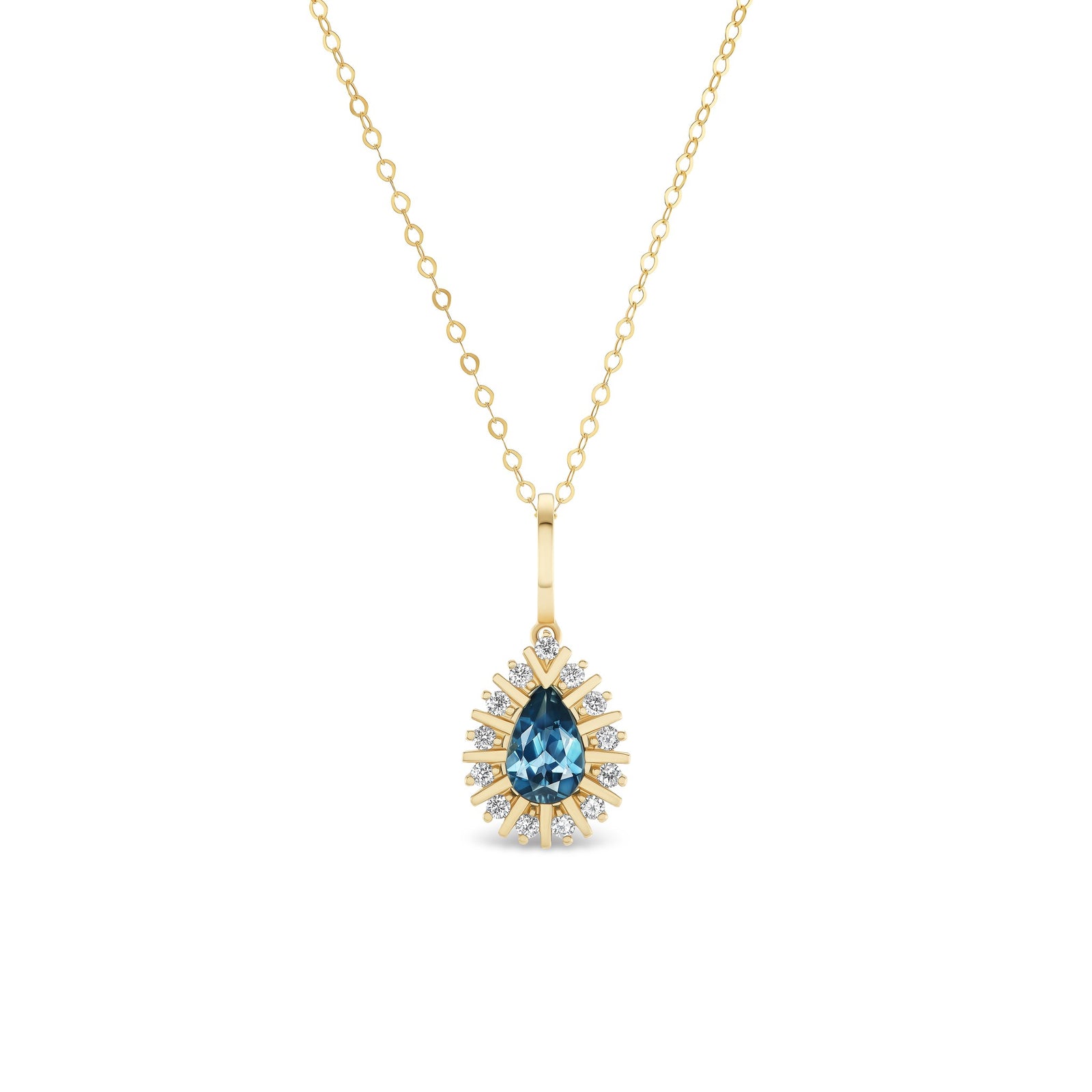 Headwaters pendant, solid 14K yellow gold, blue Montana sapphire, front, pendant — Talismania