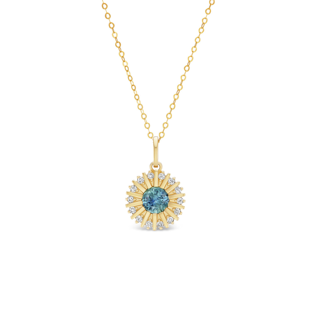 Headwaters round pendant, solid 14K yellow gold, round blue Montana sapphire in a sunburst halo with fourteen diamonds, front, necklace — Talismania