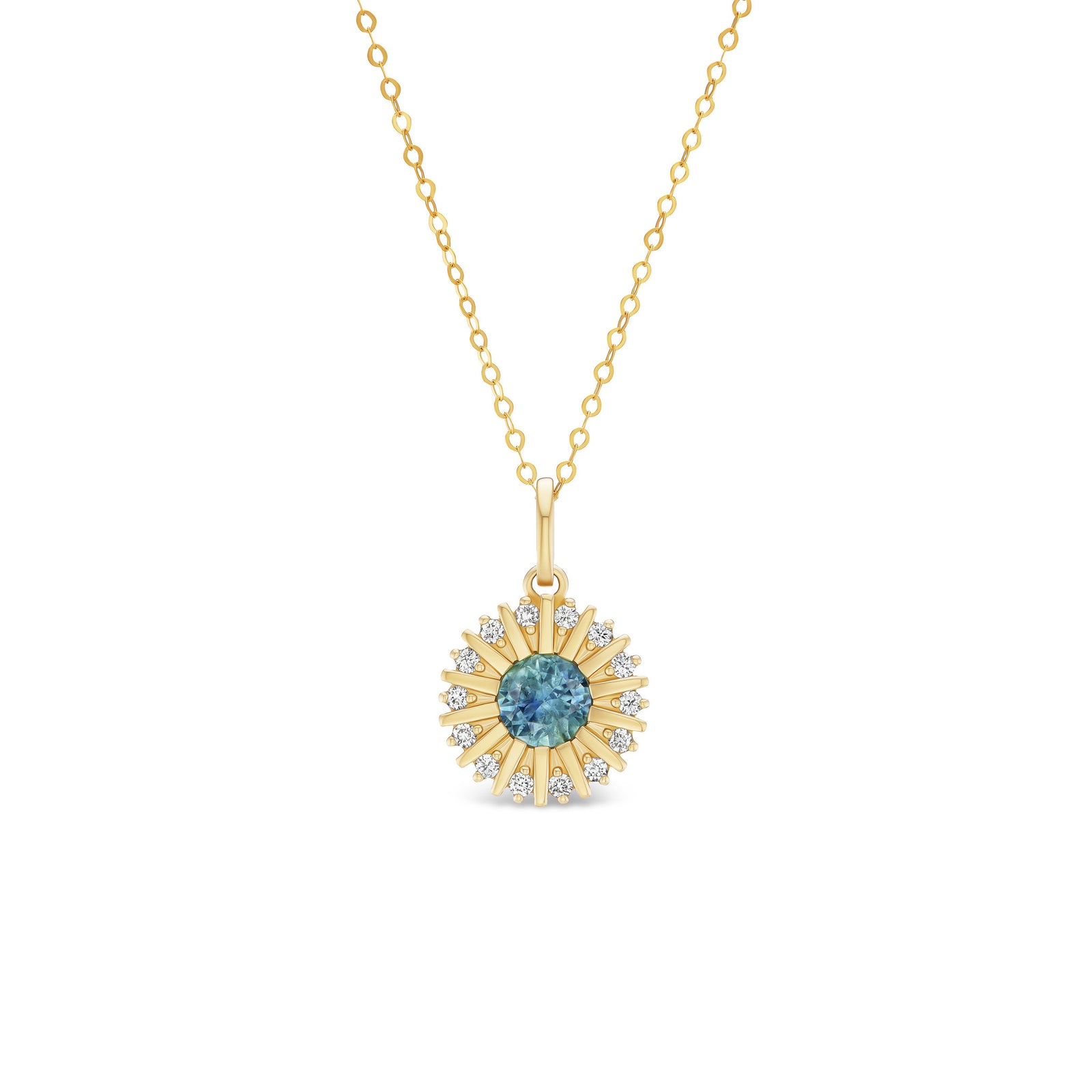 Headwaters round pendant, solid 14K yellow gold, round blue Montana sapphire in a sunburst halo with fourteen diamonds, front, necklace — Talismania