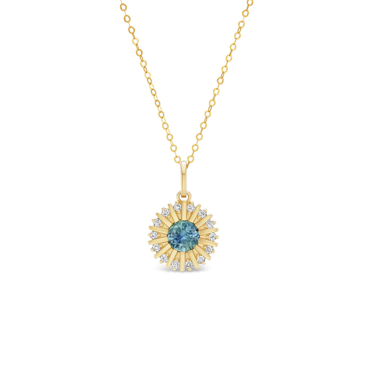 Headwaters round pendant, solid 14K yellow gold, round blue Montana sapphire in a sunburst halo with fourteen diamonds, front, necklace — Talismania