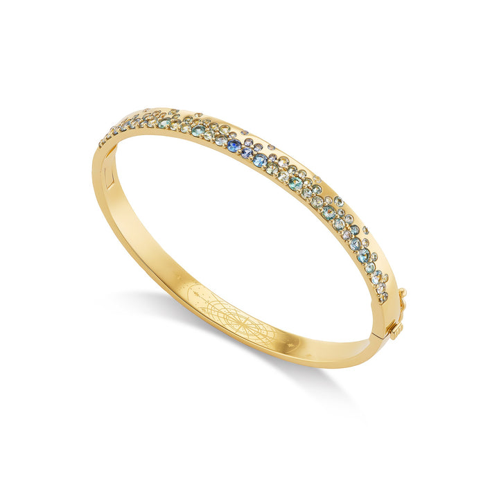 Nightfall bangle, solid 14K yellow gold, clustered Montana sapphires, angled, bracelet — Talismania