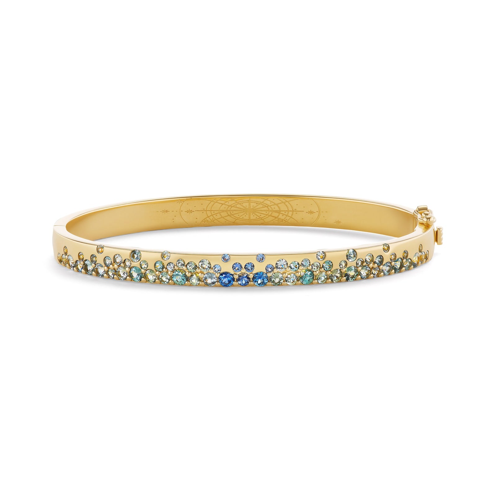 Nightfall bangle, solid 14K yellow gold, clustered Montana sapphires, front, bracelet — Talismania